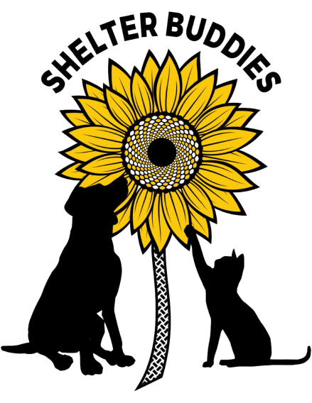 Dog and Cat silhouette in front of sunflower with text above saying "Shelter Buddies"