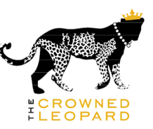 Leopard wearing a crown and peals with text saying The Crowned Leopard underneath